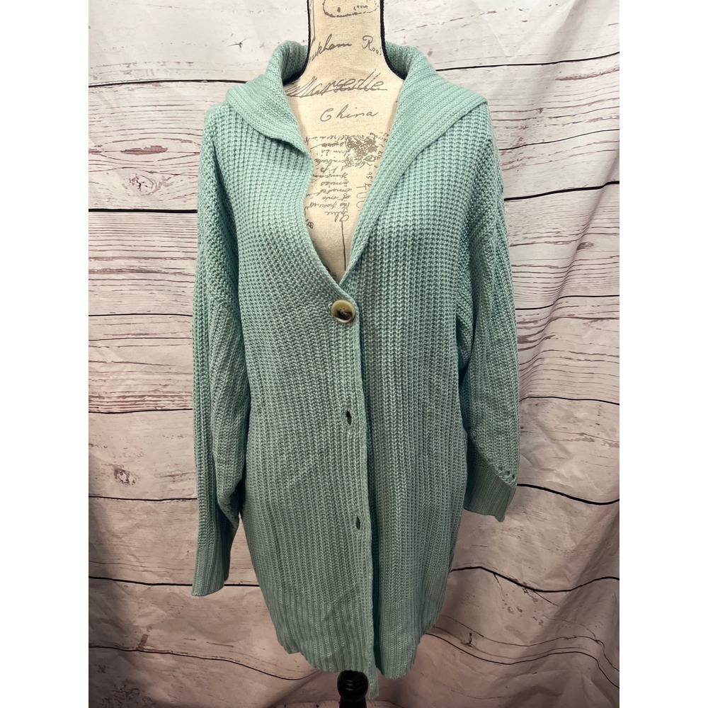 Lillusory Women Mint Green Ribbed Knit Longline Cardigan Shawl Collar Sweater L